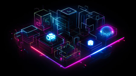 Blockchain technology icons. how blockchain works. abstract background. AI generated.の素材