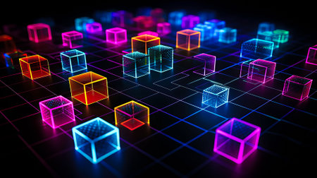 Blockchain technology icons. how blockchain works. abstract background. AI generated.の素材