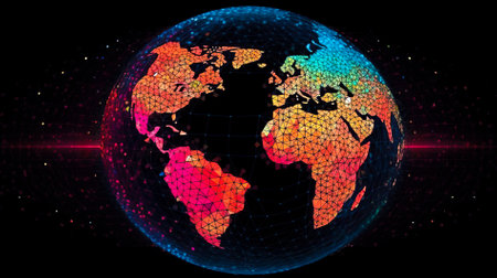 Global international connection information exchange blockchain cryptocurrency. Planet space low poly future technology finance banking design. Web security payment business illustration. AI generatedの素材