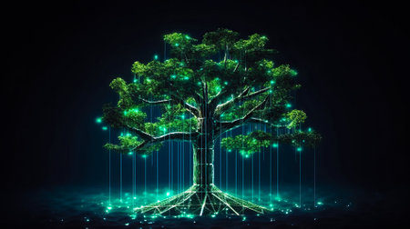 Bitcoin, cryptocurrency and blockchain technology, concept tree for your design. AI generated.の素材