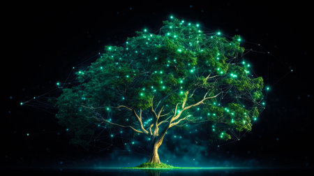 Bitcoin, cryptocurrency and blockchain technology, concept tree for your design. AI generated.の素材