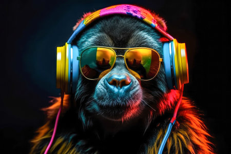 A colofrul illustration of Monkey wearing stylish headphones, perfect for a fun and creative t-shirt design. AI generated.の素材
