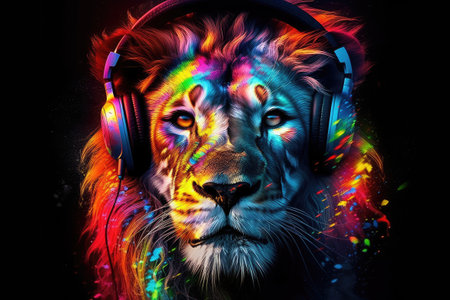 Lion King wearing stylish headphones, perfect for a fun and creative t-shirt design. AI generated.の素材