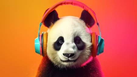 Panda wearing stylish headphones, perfect for a fun and creative t-shirt design. AI generated.の素材