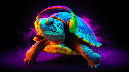 Illustration of a turtle DJ wearing headphones. AI generated.の素材