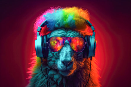 Illustration of a stylish sheep wearing headphones. AI generated.の素材