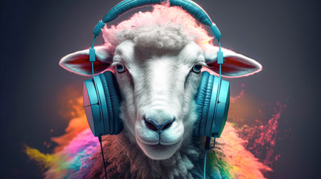 Illustration of a stylish sheep wearing headphones. AI generated.の素材