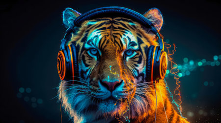 A sleek illustration of a stylish tiger DJ wearing headphones. AI generated.の素材