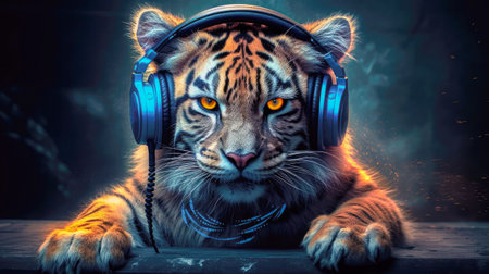 A sleek illustration of a stylish tiger DJ wearing headphones. AI generated.の素材