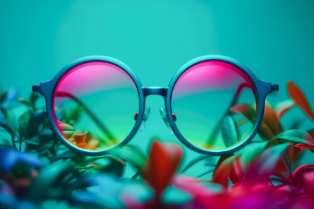 CREATIVE SHOOT OF SUNGLASSES WITH COLORFUL BACKGROUND AND COOL PROPS. AI generated.の素材