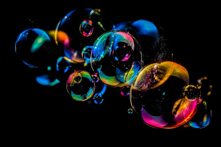 Floating soap bubbles isolated on black background. Ai generated.の素材