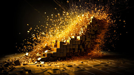 3d rendering of explosion of gold particles. Explosion of golden cubes. Ai generated.の素材