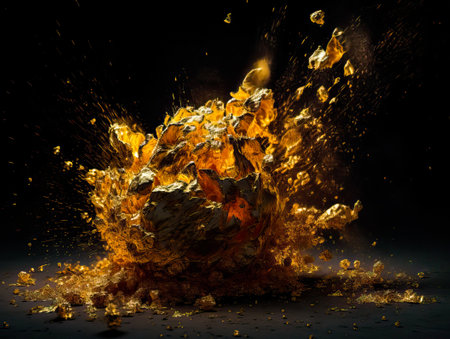 3d rendering of explosion of gold particles. Explosion of golden cubes. Ai generated.の素材
