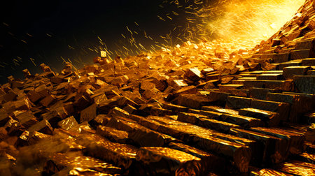 3d rendering of explosion of gold particles. Explosion of golden cubes. Ai generated.の素材