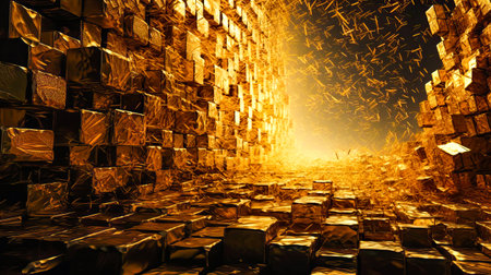 3d rendering of explosion of gold particles. Explosion of golden cubes. Ai generated.の素材