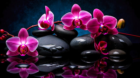 illustration of pink orchids on wet black stones with reflection in water. Spa concept free space. generative AI.の素材