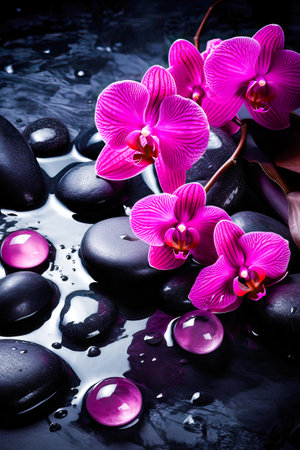 illustration of pink orchids on wet stones. vertical. spa concept. generative AI.の素材