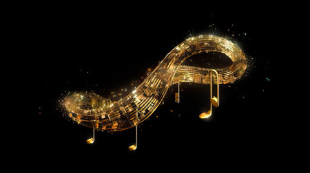 Golden Wavy Lines With Light Effect And Music Notes On Black Background. AI generated.の素材