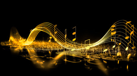 Golden Wavy Lines With Light Effect And Music Notes On Black Background. AI generated.の素材