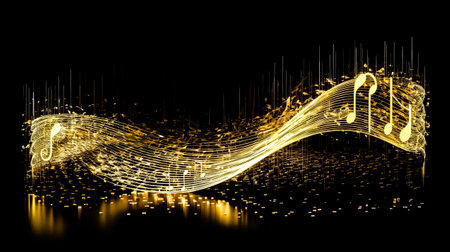 Golden Wavy Lines With Light Effect And Music Notes On Black Background. AI generated.の素材