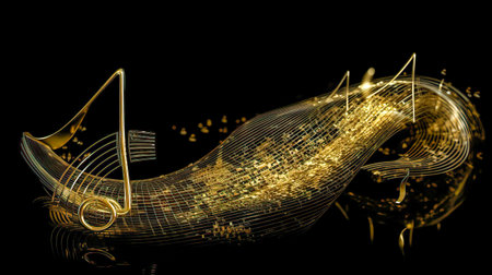 Golden Wavy Lines With Light Effect And Music Notes On Black Background. AI generated.の素材