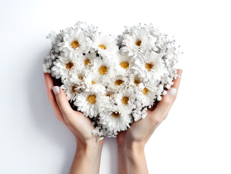 Heart made of beautiful flowers on light background. Bouquet of flowers in the shape of a heart. Ai generative.の素材