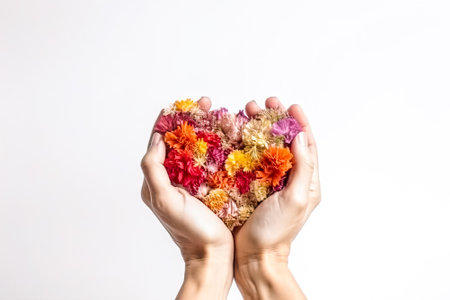 Heart made of beautiful flowers on light background. Bouquet of flowers in the shape of a heart. Ai generative.の素材