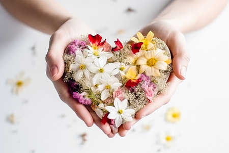 Heart made of beautiful flowers on light background. Bouquet of flowers in the shape of a heart. Ai generative.の素材