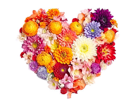 Heart made of beautiful flowers on light background. Bouquet of flowers in the shape of a heart. Ai generative.の素材