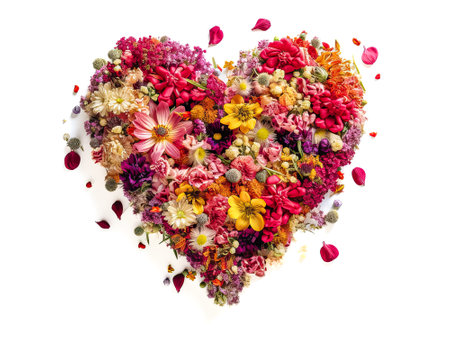 Heart made of beautiful flowers on light background. Bouquet of flowers in the shape of a heart. Ai generative.の素材