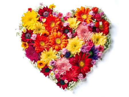 Heart made of beautiful flowers on light background. Bouquet of flowers in the shape of a heart. Ai generative.の素材