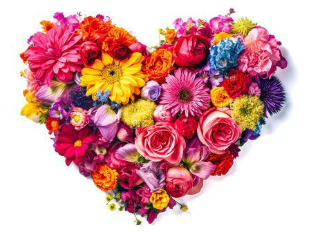 Heart made of beautiful flowers on light background. Bouquet of flowers in the shape of a heart. Ai generative.の素材