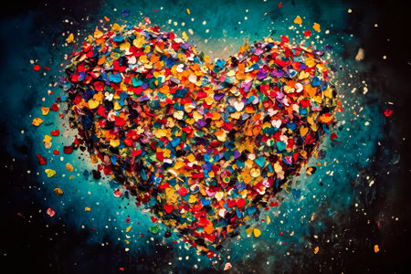Heart made of beautiful flower petals on dark background. Flowers petals in the shape of a heart. Ai generative.の素材
