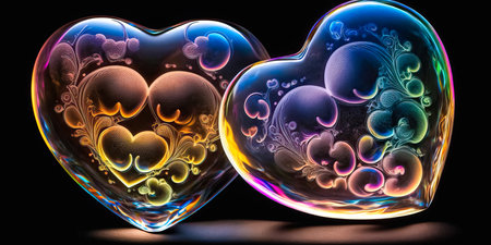 Shiny glass hearts with patterns. AI generated.の素材
