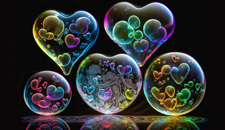 Shiny glass hearts with patterns. AI generated.の素材