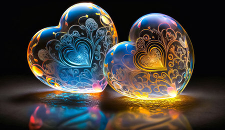 Shiny glass hearts with patterns. AI generated.の素材