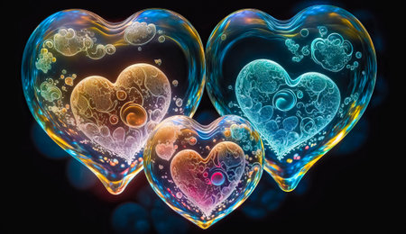 Shiny glass hearts with patterns. AI generated.の素材