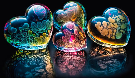 Shiny glass hearts with patterns. AI generated.の素材
