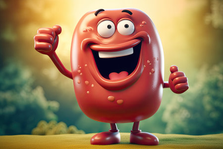 Cute cartoon stomach character. Healthy food eating concept illustration, showing thumb up. Ai generative.の素材