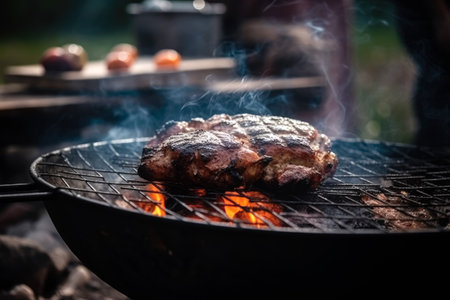 delicious grilled beef steaks on barbecue grill with flame. good food. Picnic concept. Generative AI.の素材