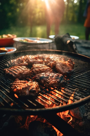 delicious grilled beef steaks on barbecue grill with flame. good food. Picnic concept. Generative AI.の素材