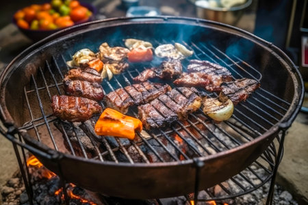 delicious grilled beef steaks on barbecue grill with flame. good food. Picnic concept. Generative AI.の素材