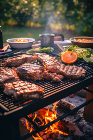 delicious grilled beef steaks on barbecue grill with flame. good food. Picnic concept. Generative AI.の素材