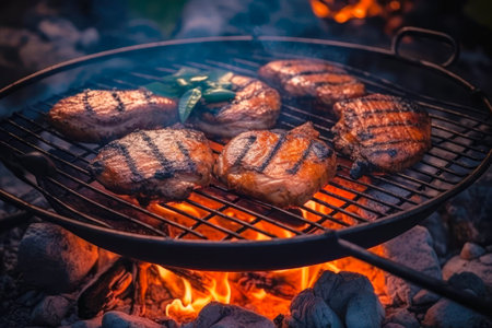 delicious grilled beef steaks on barbecue grill with flame. good food. Picnic concept. Generative AI.の素材