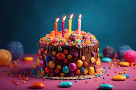 Colorful birthday cake with sprinkles and burning candles. Festive birthday celebration, party. generative AIの素材