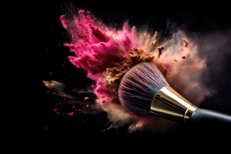 Make-up brush with colorful powder explosion or eyeshadow isolated in dark background. generative AIの素材