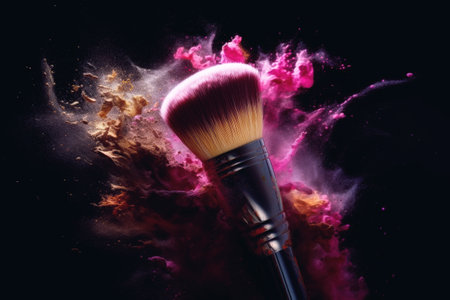 Make-up brush with colorful powder explosion or eyeshadow isolated in dark background. generative AIの素材