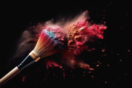 Make-up brush with colorful powder explosion or eyeshadow isolated in dark background. generative AIの素材