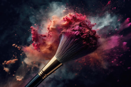 Make-up brush with colorful powder explosion or eyeshadow isolated in dark background. generative AIの素材