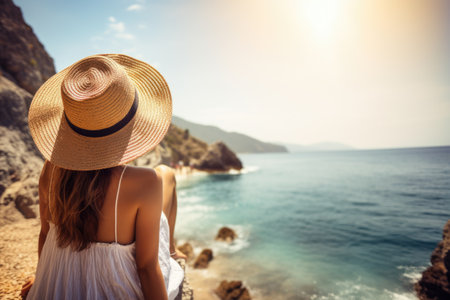 back view of Young woman on sea vacation. tourist girl in a hat at a seaside resort. travel concept. summertime. Generative AIの素材